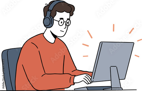 Young man wearing headphones working on laptop at home in flat style  