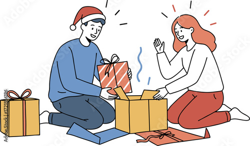 Young man and woman joyfully unboxing Christmas gifts at home  