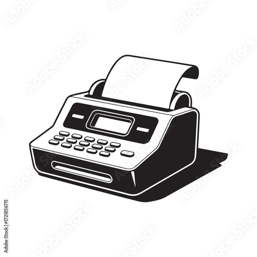 Vector art of black and white illustration of a vintage adding machine with a paper roll silhouette