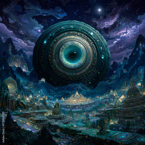 Science fiction alien landscapes with giant mystical hadron colliders and particle accelerators under the stars.