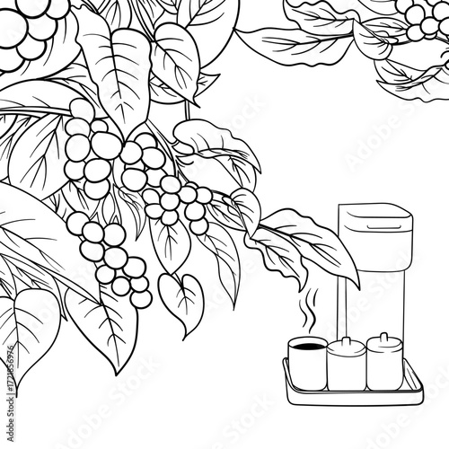 coffee background design with doodle art of coffee cup with 1 cup of hot coffee and coffee leaves