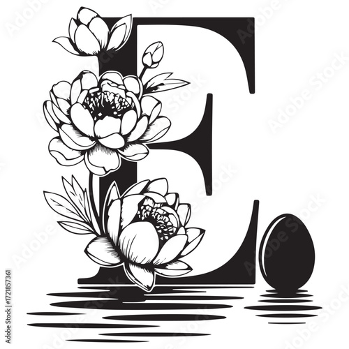 Elegant black and white illustration of a large letter e adorned with delicate peony flowers and a single egg