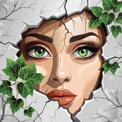 Woman's face emerging from cracked wall nature scene woman's face