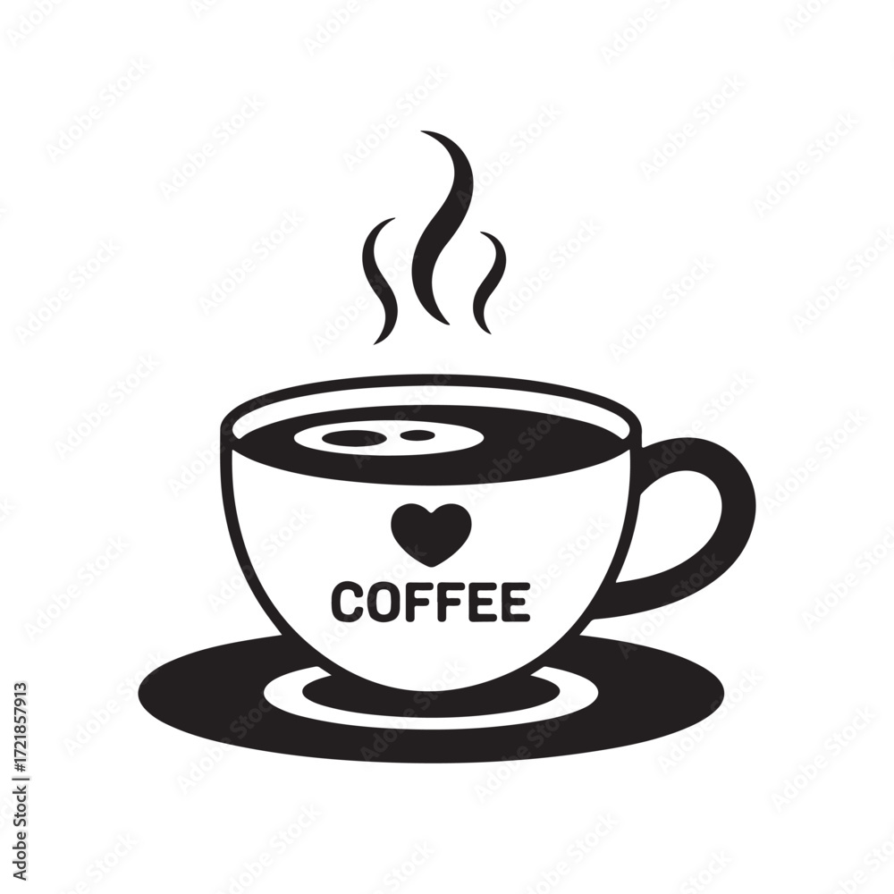 Obraz premium Vector art of a black and white illustration of a steaming cup of coffee with the word coffee and a heart symbol silhouette