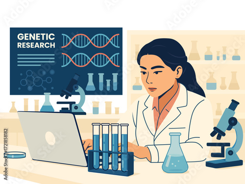 female scientist molecular research science innovation study experiment biotechnology chemical biology research discovery 