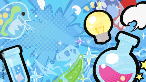 理科をイメージしたポップな背景イラスト_水色_16:9