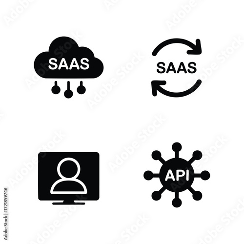A set of 4 SaaS Software as a Service icons cloud software, subscription model recurring arrow, user license, API connection.