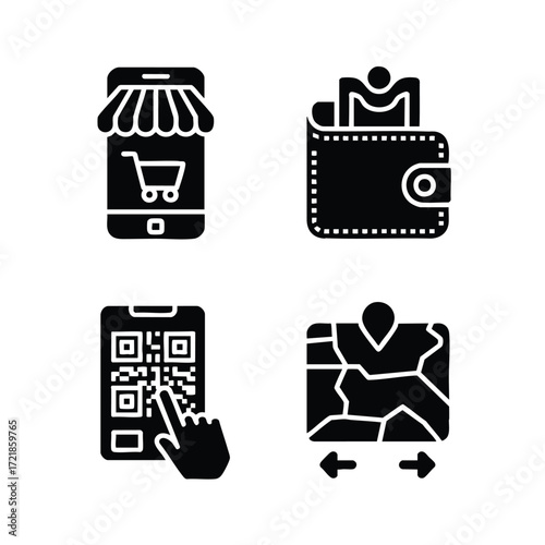 A set of 4 mobile commerce icons shopping on phone, mobile wallet, QR code payment, delivery tracking on map.