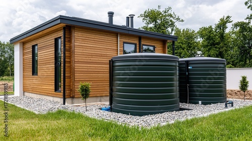 Smart home rainwater harvesting system with integrated purification, showing water levels, sustainable living, resource management. 