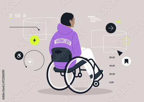 A creative scene captures a wheelchair user surrounded by futuristic screens displaying data and icons, merging technology with daily life in an imaginative environment