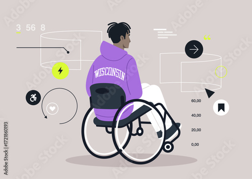 A creative scene captures a wheelchair user surrounded by futuristic screens displaying data and icons, merging technology with daily life in an imaginative environment