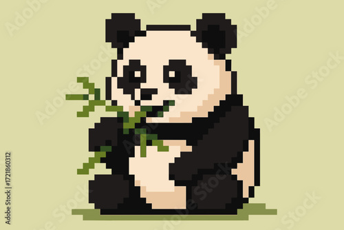 Pixel art illustration of a panda eating bamboo, representing wildlife and conservation