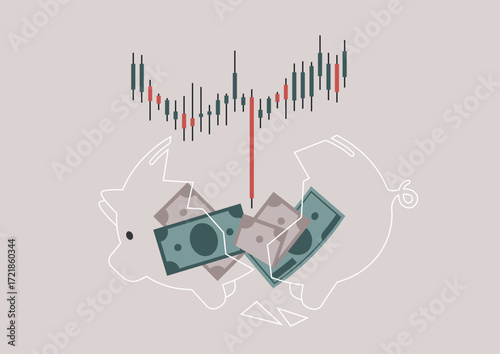 A visual representation shows piggy banks breaking apart amidst falling market trends, symbolizing financial struggle and the impact of economic downturns on savings