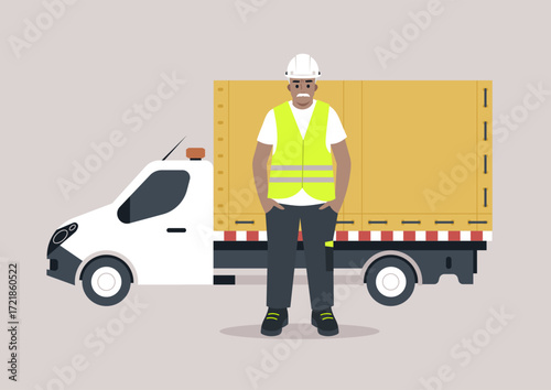 A cargo van parked in a vibrant city area, a delivery worker in bright vest is busily loading and unloading items, creating a lively scene of activity and motion.
