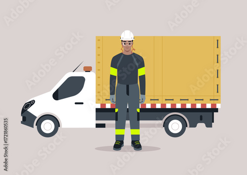 A male worker stands confidently next to a van loaded with cargo, dressed in safety gear including a helmet, The scene depicts a busy urban environment during the day.