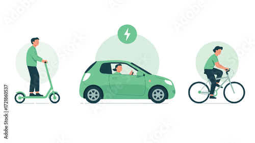 Vector art of electric car, scooter, and bicycle