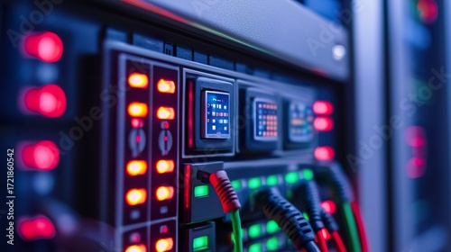 Smart home energy optimization system control panel, glowing buttons, intricate wiring, energy flow. 