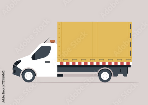 A yellow cargo van stands out with its clean lines and simple design, Parked in a quiet area, this vehicle is ready for deliveries, showcasing efficiency and style.