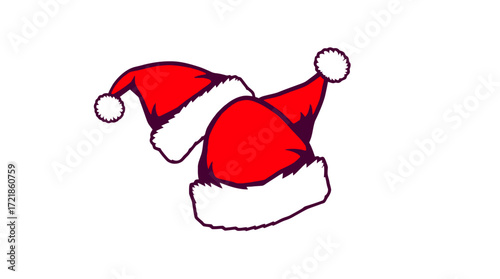 Two Santa hats, red with white trim and pom-poms, are stacked on top of each other.