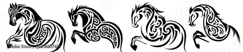 A contemporary set of Celtic horses in silhouette form, isolated on a white background, as depicted in a modern illustration