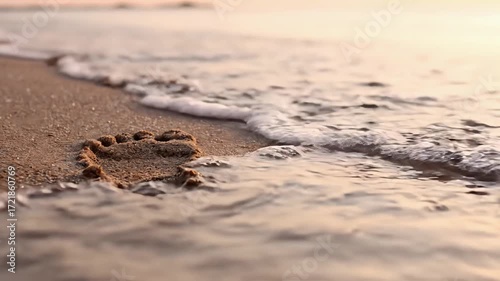 Footprints In Wet Sand Erased By Waves At Pastel Sunset