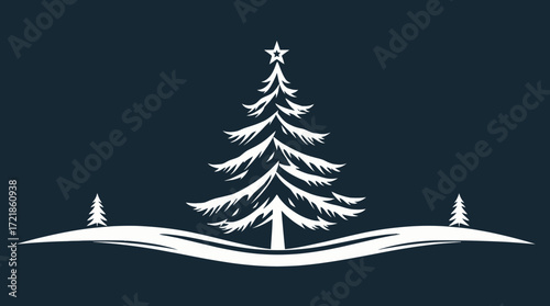 Stylized Christmas tree illustration with a star on top, flanked by smaller trees on a snowy hill, all in white against a dark blue background.