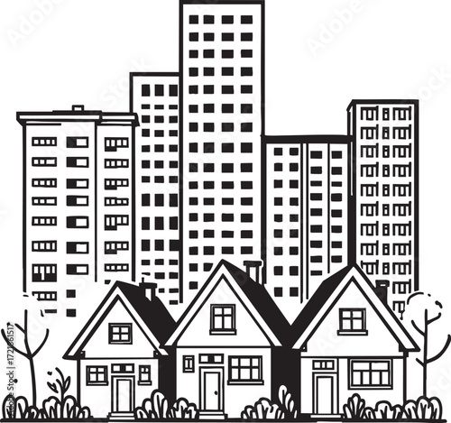 A black and white drawing of three houses in front of tall buildings in a city landscape illustration