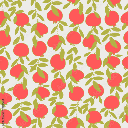 Seamless pattern. Pomegranate tree branches with fruit. Outlined vector illustration on light-colored background for surface design and other design projects Shana Tova
