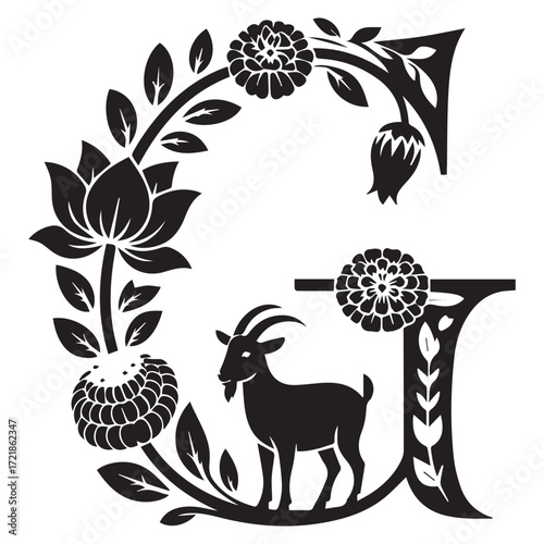 Elegant black silhouette of a capricious goat within an ornate floral illuminated letter g design