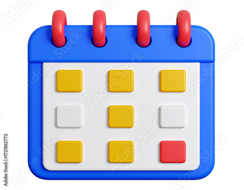 Minimalist blue and yellow calendar icon reminder on transparent background