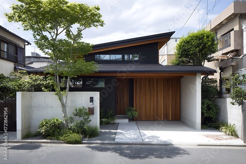 Stunning modern home with wood accents offers curb appeal and architectural style, perfect for real estate or design projects in a suburban setting