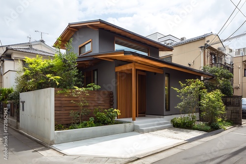 Stunning modern Japanese home blending seamlessly into a lush landscape for serene living, a unique architectural design in quiet neighborhood