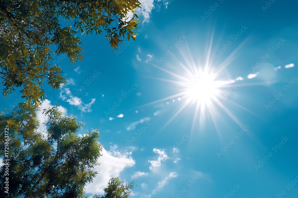 Obraz premium Embrace the sun shining through lush trees with vibrant blue skies, perfect for summer vibes and nature escapes to inspire your audience today