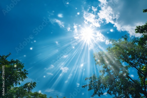 Vibrant sunshine streaming through the trees against a brilliant blue sky offers hope and renewal, perfect for health and wellness campaigns