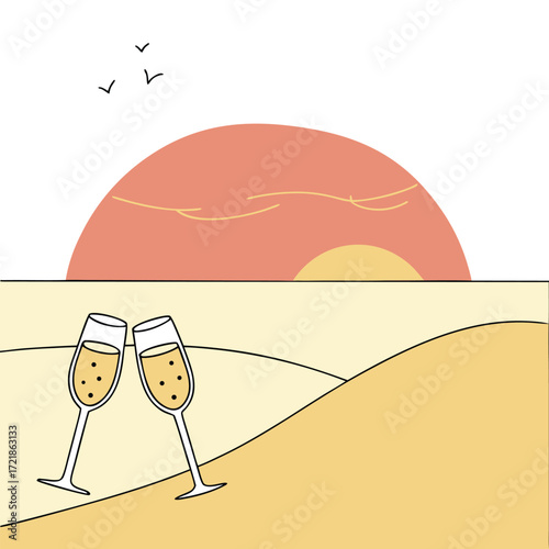 Celebrate magical moments with champagne on sandy dunes as birds fly by the sunset, perfect for travel or vacation themed designs and promotions