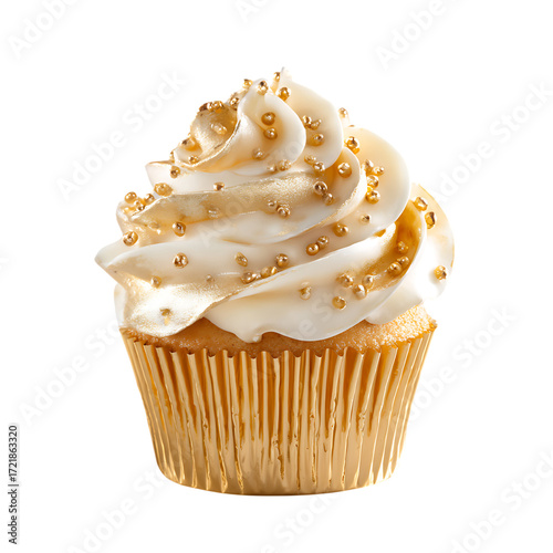Decadent gourmet vanilla cupcake swirled with creamy frosting and sprinkles isolated isolated on transparent background