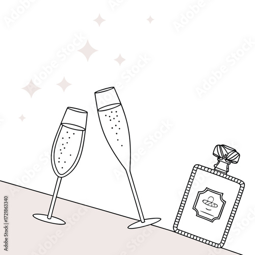 Celebrate with champagne flutes and a stylish perfume bottle for luxury lifestyle branding or festive event invitations, perfect for fashion and beauty themes