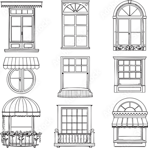 Collection of nine different window designs with various architectural styles and embellishments