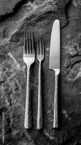 Unique arrangement of silverware on textured stone surface