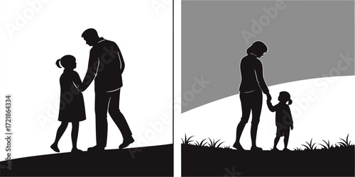 Heartwarming silhouette art featuring family love, father and daughter, mother and child walking together
