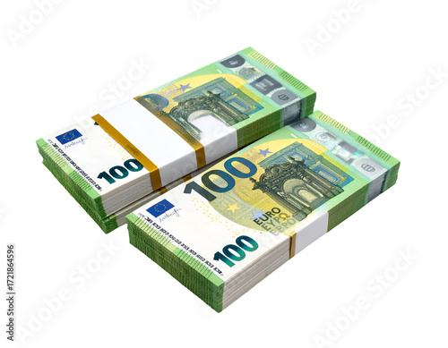 Stacks of Euro banknotes arranged neatly, showcasing the vibrant colors and intricate designs of currency.