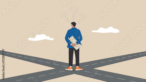 Vector art of man standing at a crossroads, contemplating his next move