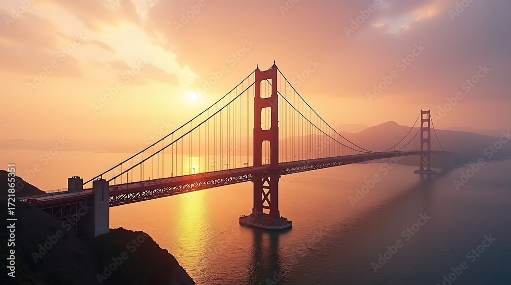Fototapeta premium Golden gate bridge at sunset with orange sky and calm water reflection