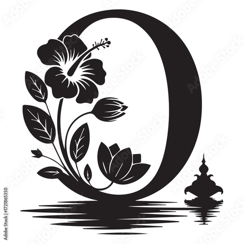 Elegant black silhouette of the letter o adorned with tropical hibiscus flowers and water reflection