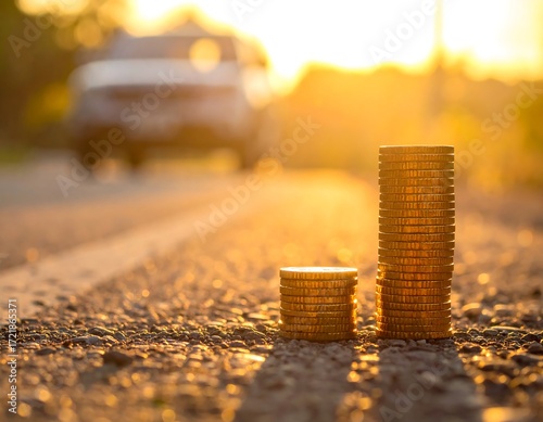 Golden coins stacked on a road at sunset