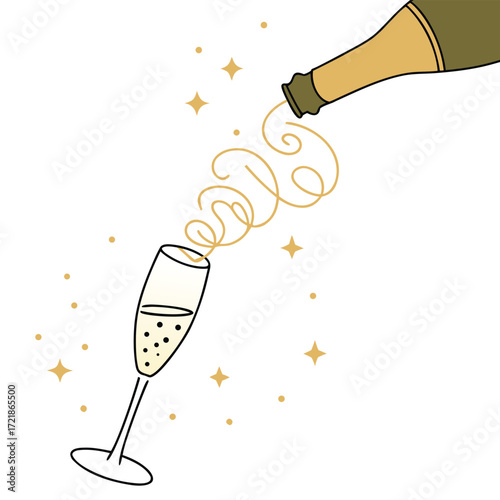 Pouring celebratory champagne into a flute with sparkling stars creating an atmosphere of joyful elegance and luxury perfect for festive invitations