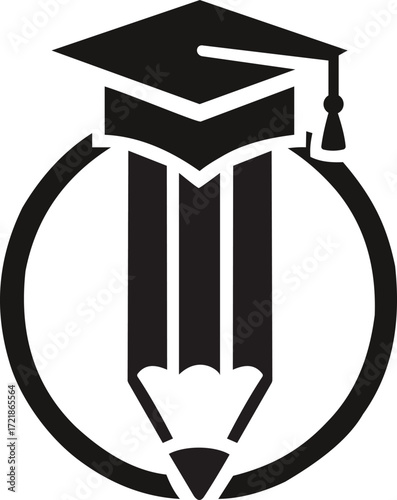 graduation cap on a pencil in a circle logo. education, learning, school, study, academy vector icon