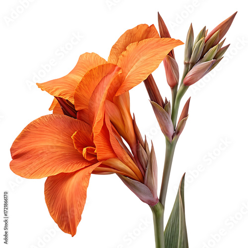 Vibrant deep orange Canna Lily flower with buds and green stem isolated on a transparent background