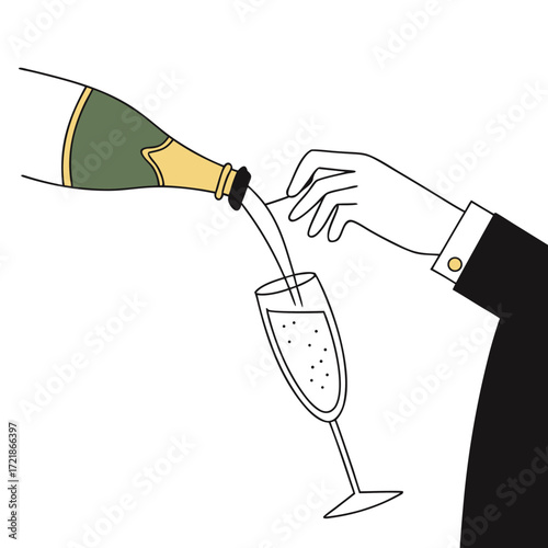 Elegant hand pouring sparkling wine into a glass for celebration, perfect for upscale events, invitations and luxury lifestyle branding projects