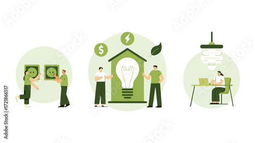 Vector art of people interacting with energy saving concepts